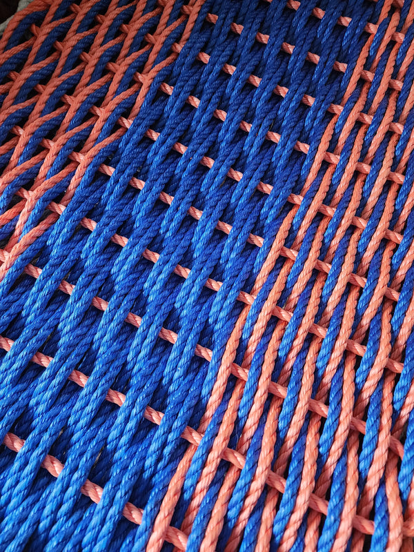 Blue and Orange Rope Mat made with Lobster Rope, Double Weave, 40 x 24, Vibrant, Long Lasting Durable Little Salty Rope