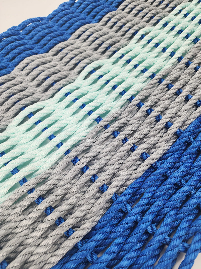 Five Stripe Rope Mat made with Lobster Rope, Blue Gray and Seafoam