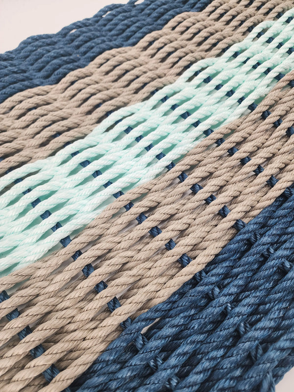 Five Stripe Rope Mat made with Lobster Rope Navy, Tan and Seafoam