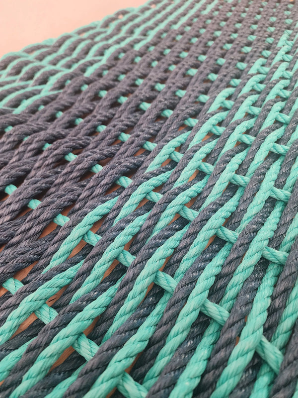 Large Coral Navy and Teal Lobster Rope Mat made with Lobster Rope, Double Weave, 40 x 24, Vibrant, Long Lasting Durable (
