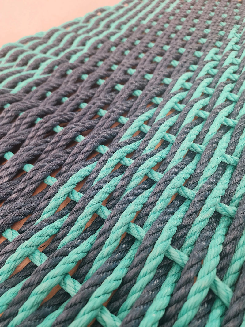 Large Navy and Teal Lobster Rope Mat made with Lobster Rope, Double Weave, Vibrant, Long Lasting Durable (