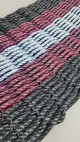 5 Stripe Lobster Rope Mat Black, Burgundy and Gray Little Salty Rope close up at an angle
