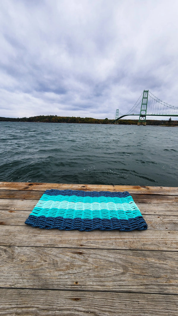 5 Stripe Lobster Rope Mat Navy Blue, Teal, Seafoam Little Salty Rope
