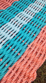 5 Stripe Lobster Rope Mat Orange Teal and Seafoam close up