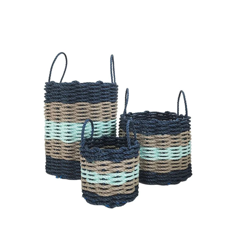 Five Stripe Rope Storage Basket Navy, Tan and Seafoam