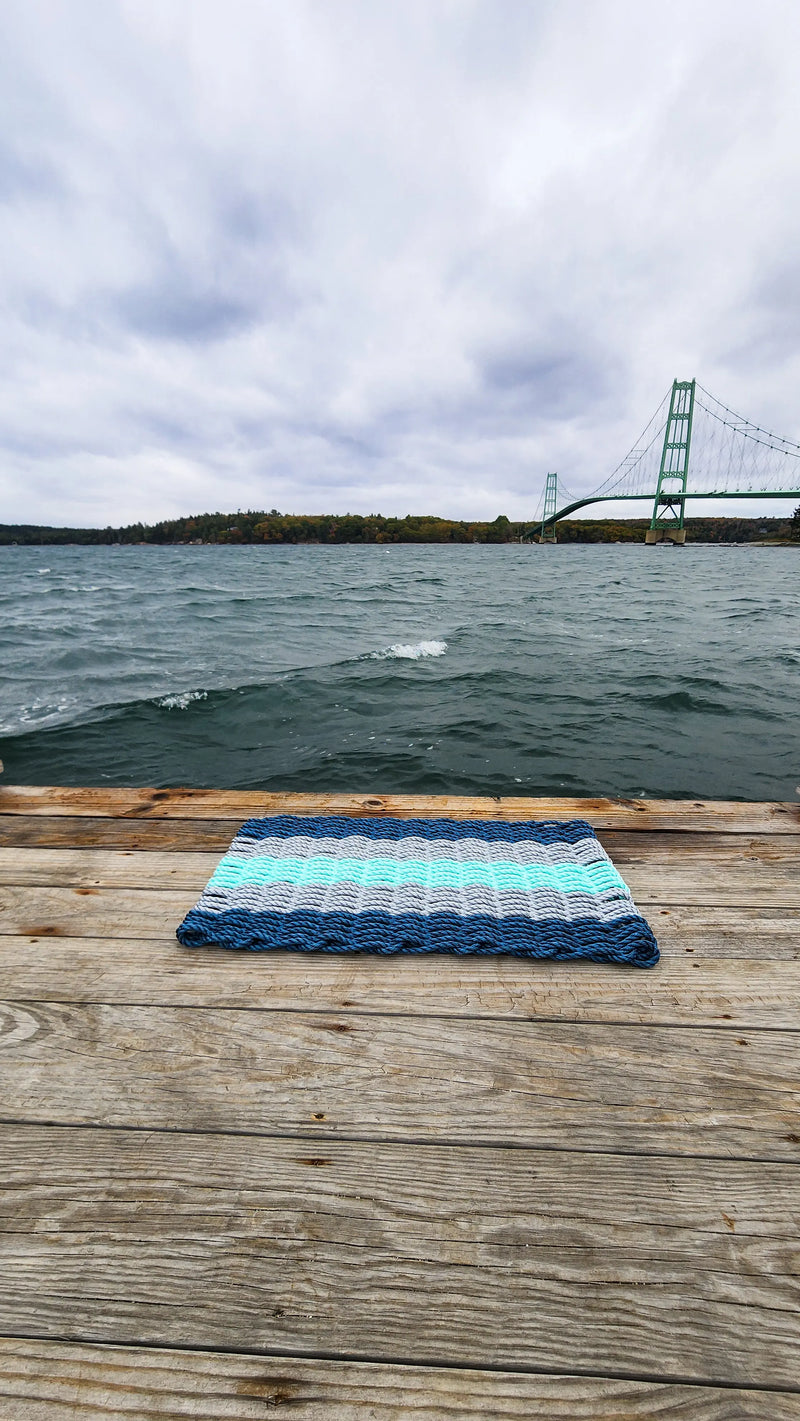 Five Stripe Rope Mat made with Lobster Rope Navy, Light gray and seafoam Little Salty Rope