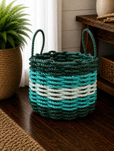 Hunter Green, Teal & Seafoam Five Stripe Rope Basket Little Salty Rope