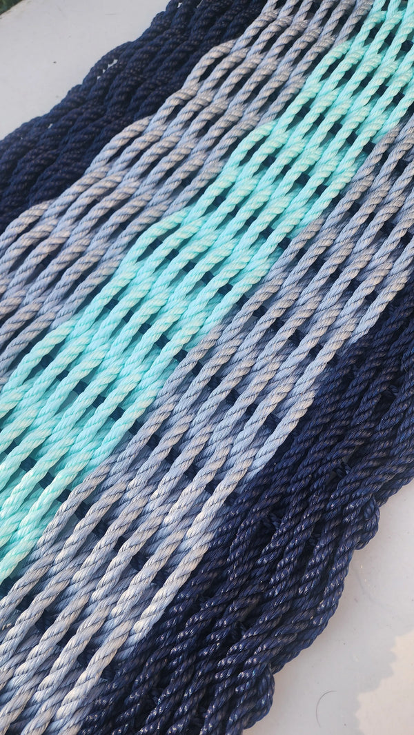 Midnight Blue, Gray, Seafoam Five Stripe doormat Little Salty Rope