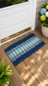 Navy Blue, Light Gray & Seafoam 5-Stripe Lobster Rope Doormat Little Salty Rope