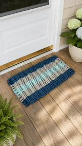 Navy Blue, Tan & Seafoam 5-Stripe Lobster Rope Doormat Little Salty Rope