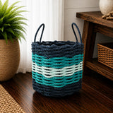 Navy Blue, Teal & Seafoam Five Stripe Rope Basket Little Salty Rope