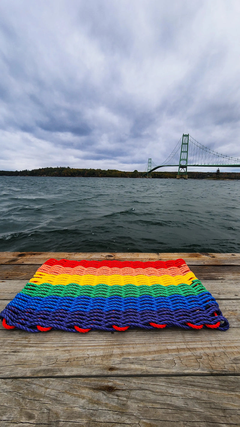 Rainbow Rope Mat made with Lobster Rope, Maine Made Little Salty Rope
