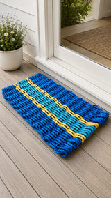 Rope Mat made with Lobster Rope, Two Tone Blue, Yellow accent Little Salty Rope