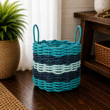 Teal, Navy Blue & Seafoam Five Stripe Rope Basket Little Salty Rope