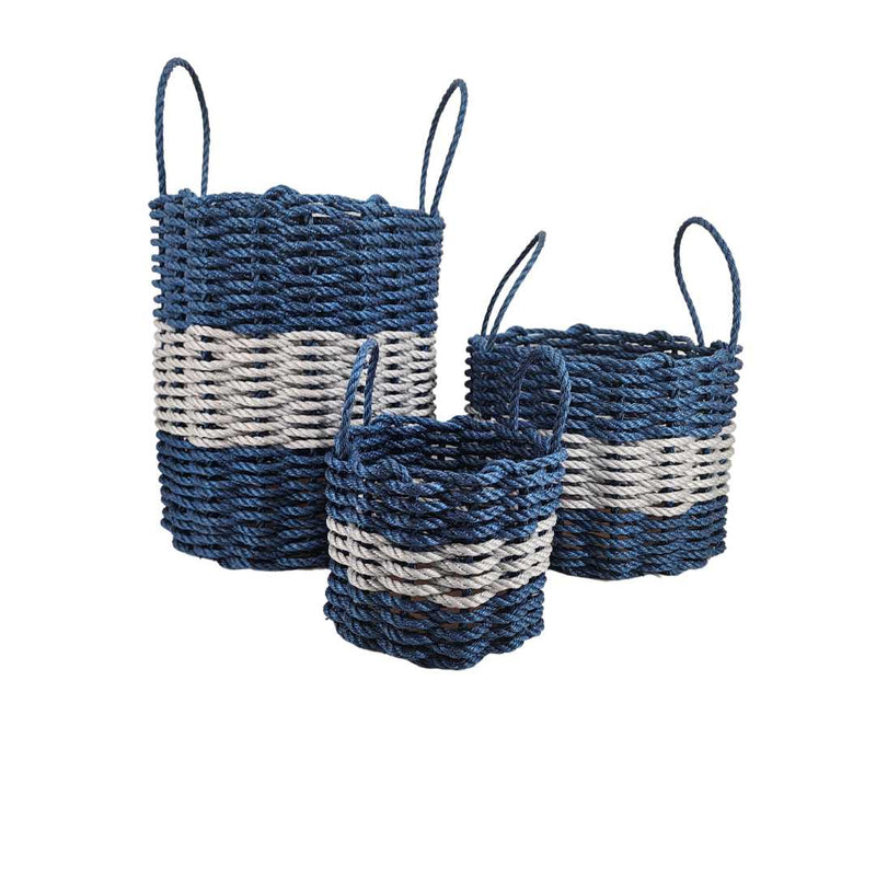 Authentic Maine Lobster Rope Storage Basket Navy Blue and Light Gray Little Salty Rope