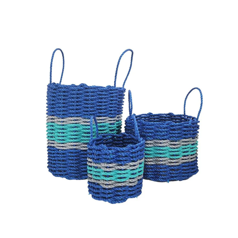Authentic Maine Lobster Rope Storage Basket Blue and Teal with light Gray Accents