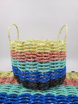 5 color Lobster Rope Mat and Basket in color pattern Black, Blue, Teal, Salmon and yellow
