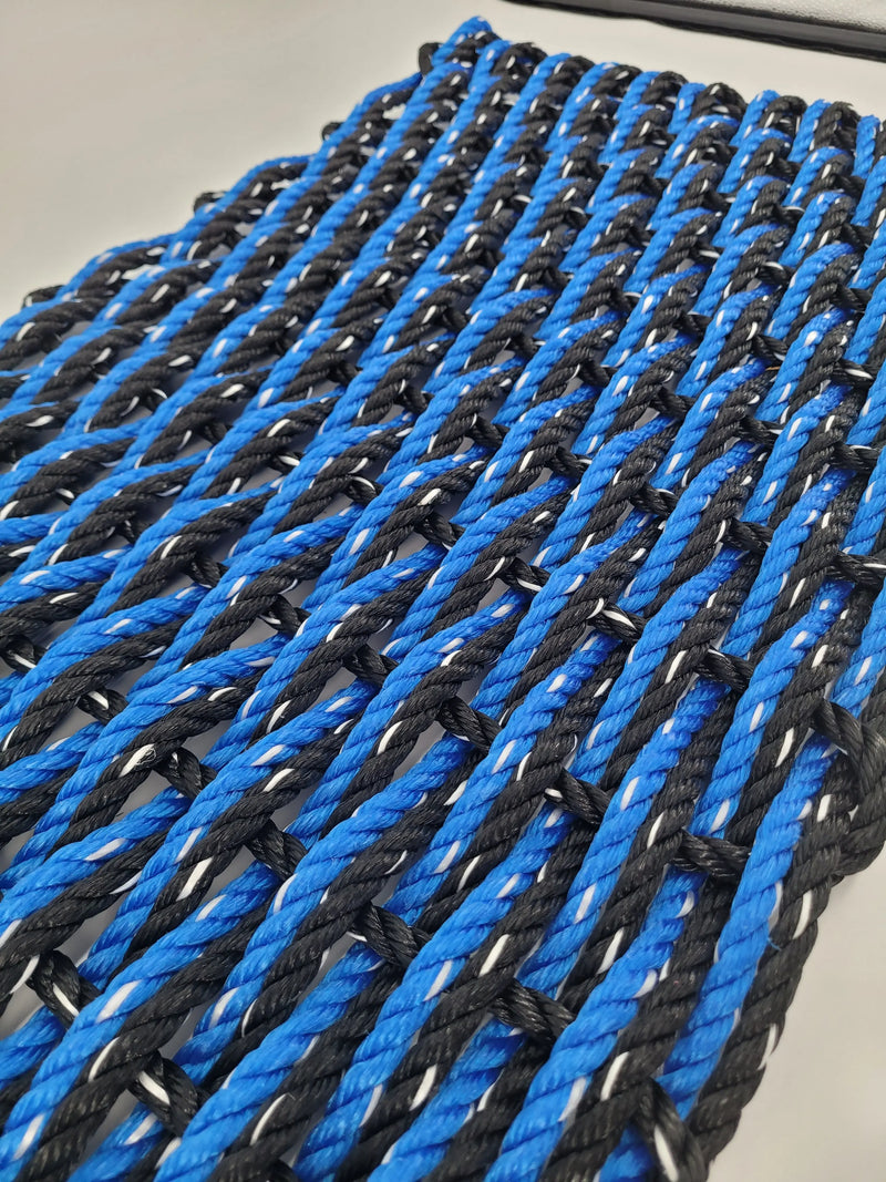 image shows a black and blue double weave rope mat