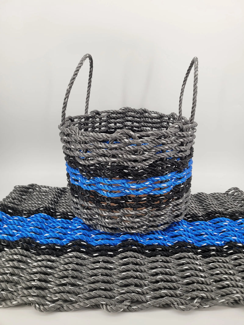 Lobster Rope Mat and Basket matching set, Gray and blue with black accents