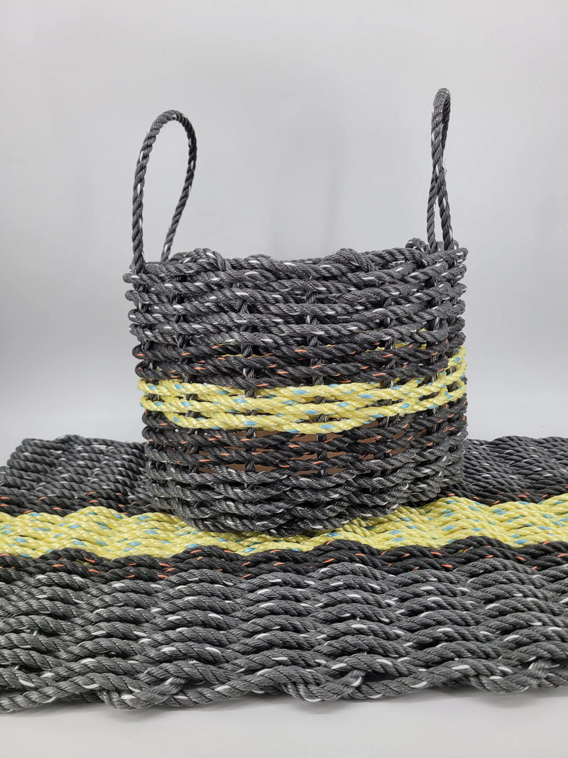 Lobster Rope Mat and Basket matching set, Gray and light yellow with black accents
