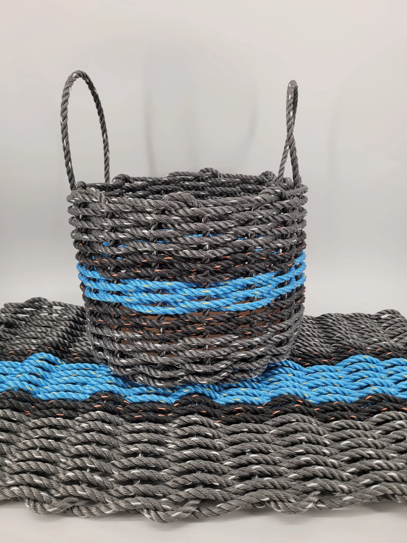 Lobster Rope Mat and Basket matching set, Gray and light blue with black accents