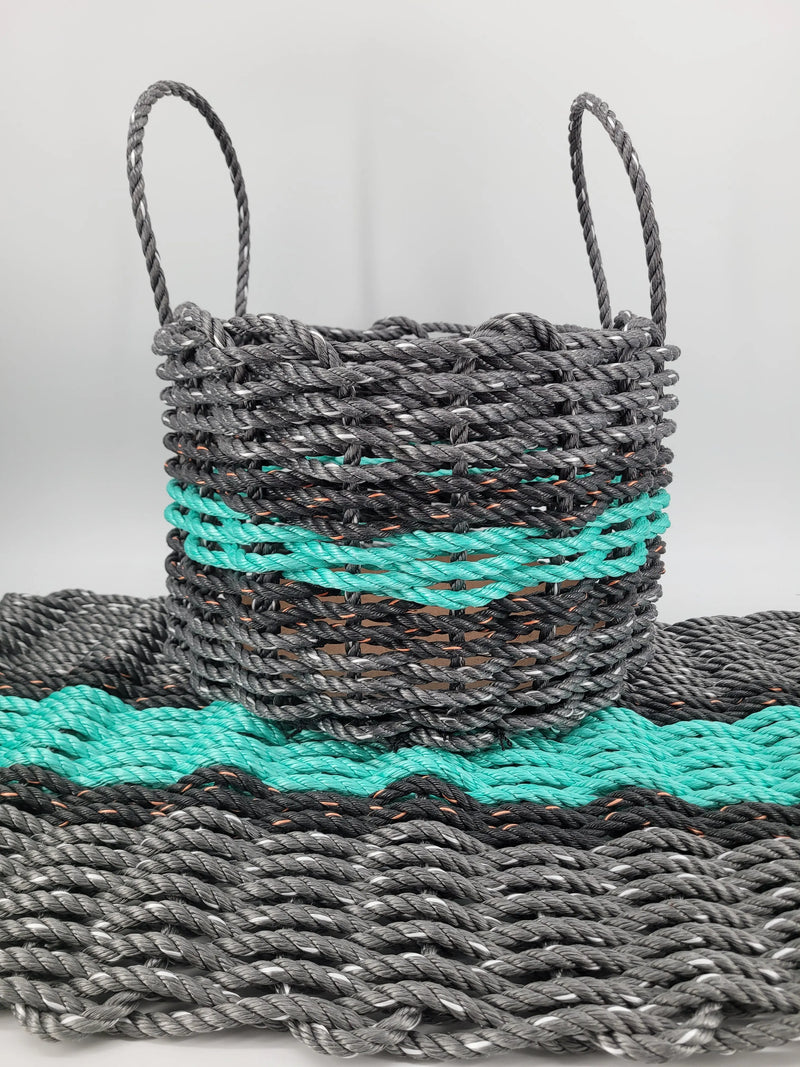 Lobster Rope Mat and Basket matching set, Gray and teal with black accents
