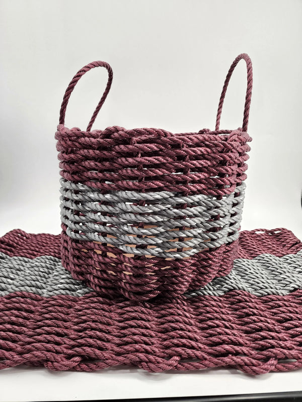 Lobster Rope Mat and Basket matching set Burgundy and Dark Gray Little Salty Rope