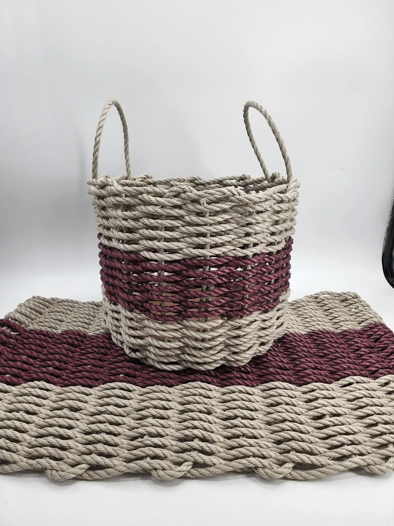 Lobster Rope Mat and Basket matching set Tan and Burgundy Little Salty Rope