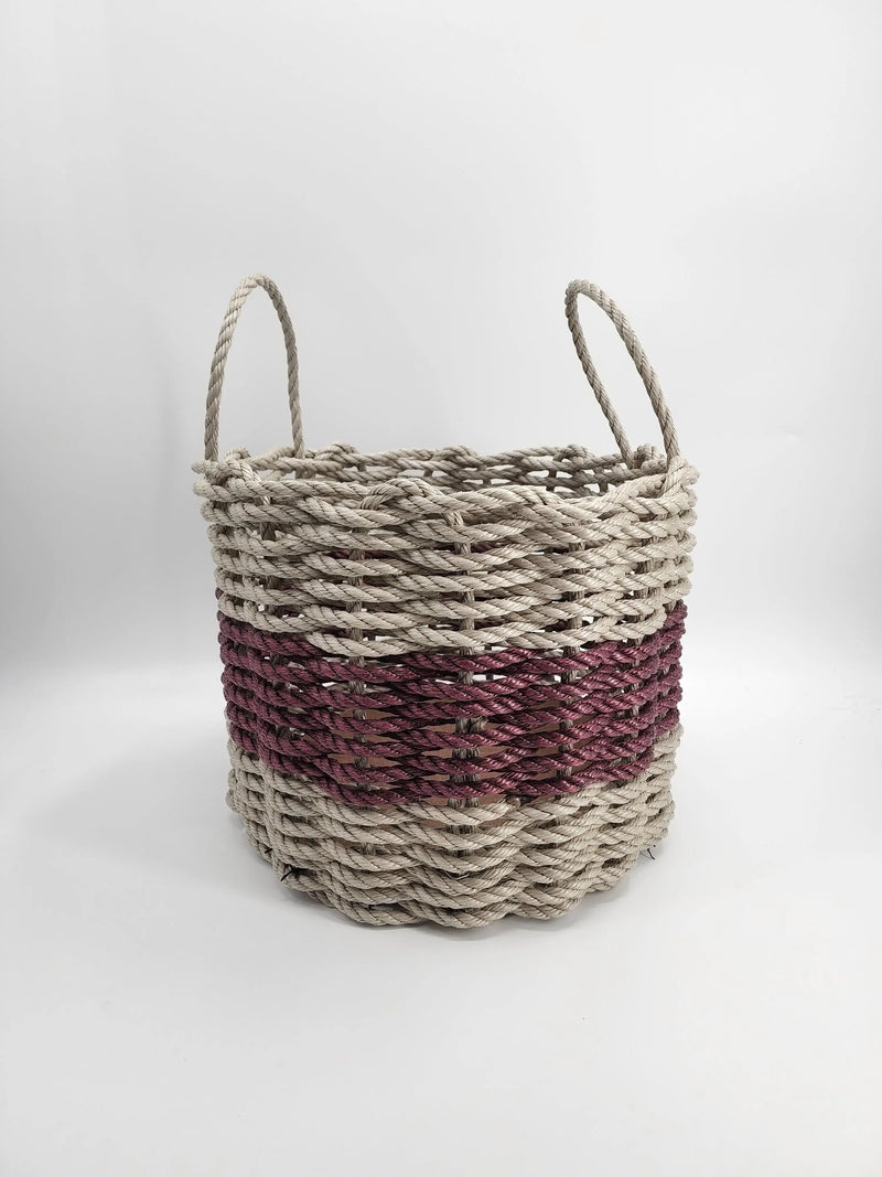 Pictures is a tan and burgundy lobster rope basket
