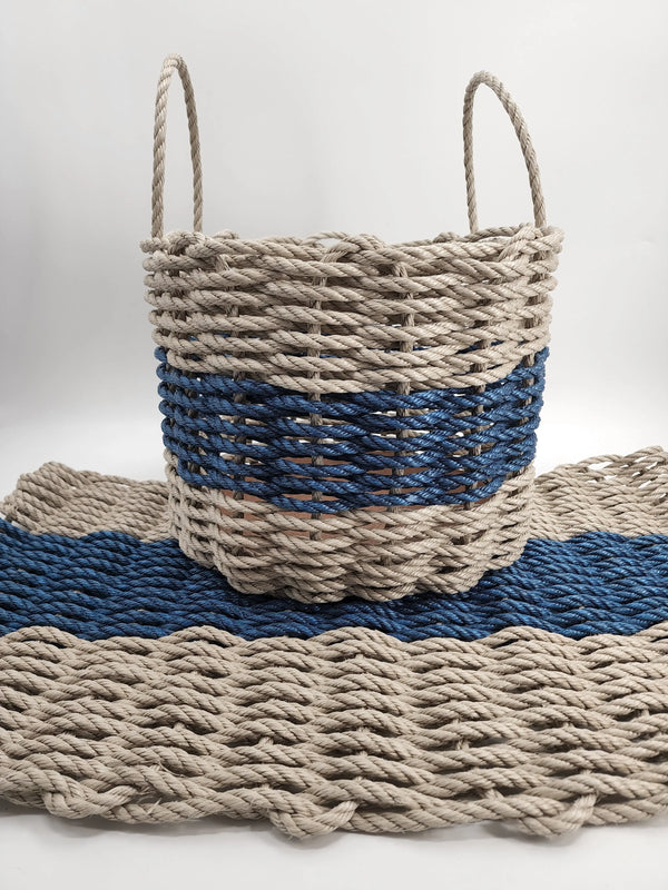 Lobster Rope Mat and Basket matching set Tan and Navy Blue Little Salty Rope
