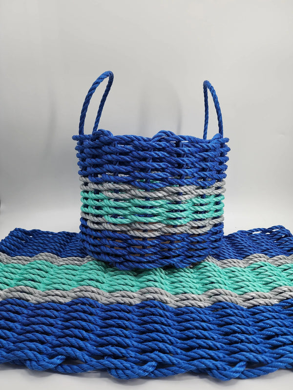 Lobster Rope Mat and Basket matching set Blue and Teal with light gray accents Little Salty Rope