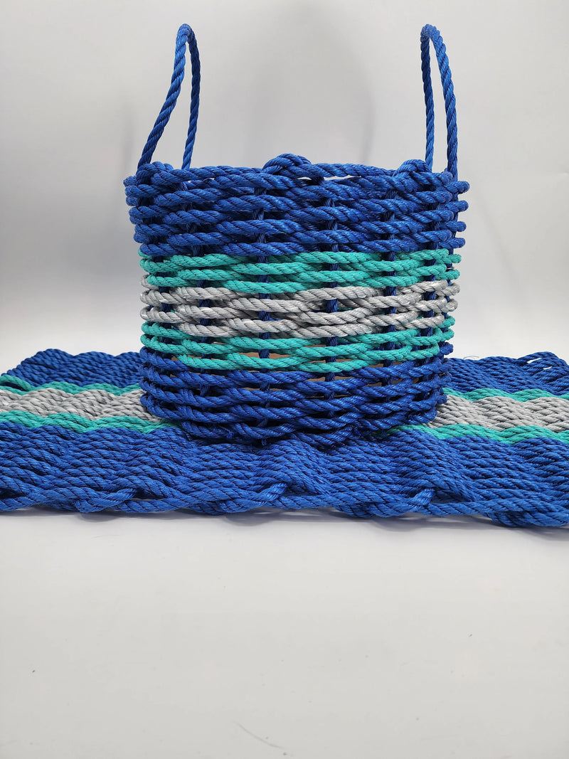 Lobster Rope Mat and Basket matching set Blue and Light Gray with Teal accents Little Salty Rope