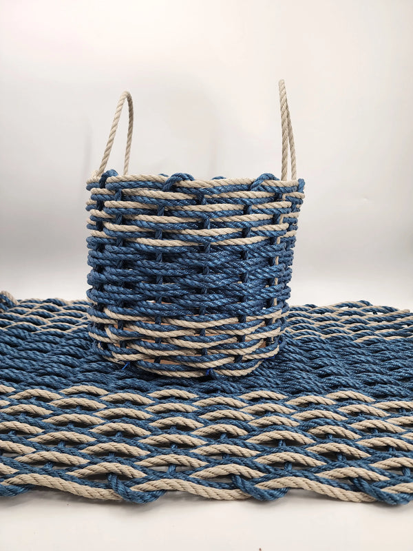 Large Navy Blue and Tan Lobster Rope Mat made with Lobster Rope, Double Weave, 40 x 24 Mat and Basket Matching Set Little Salty Rope