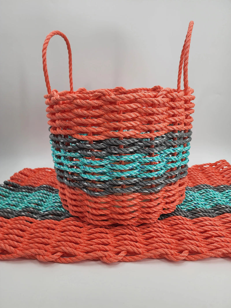 Lobster Rope Mat and Basket matching set Coral Orange and Teal with Gray accents Little Salty Rope
