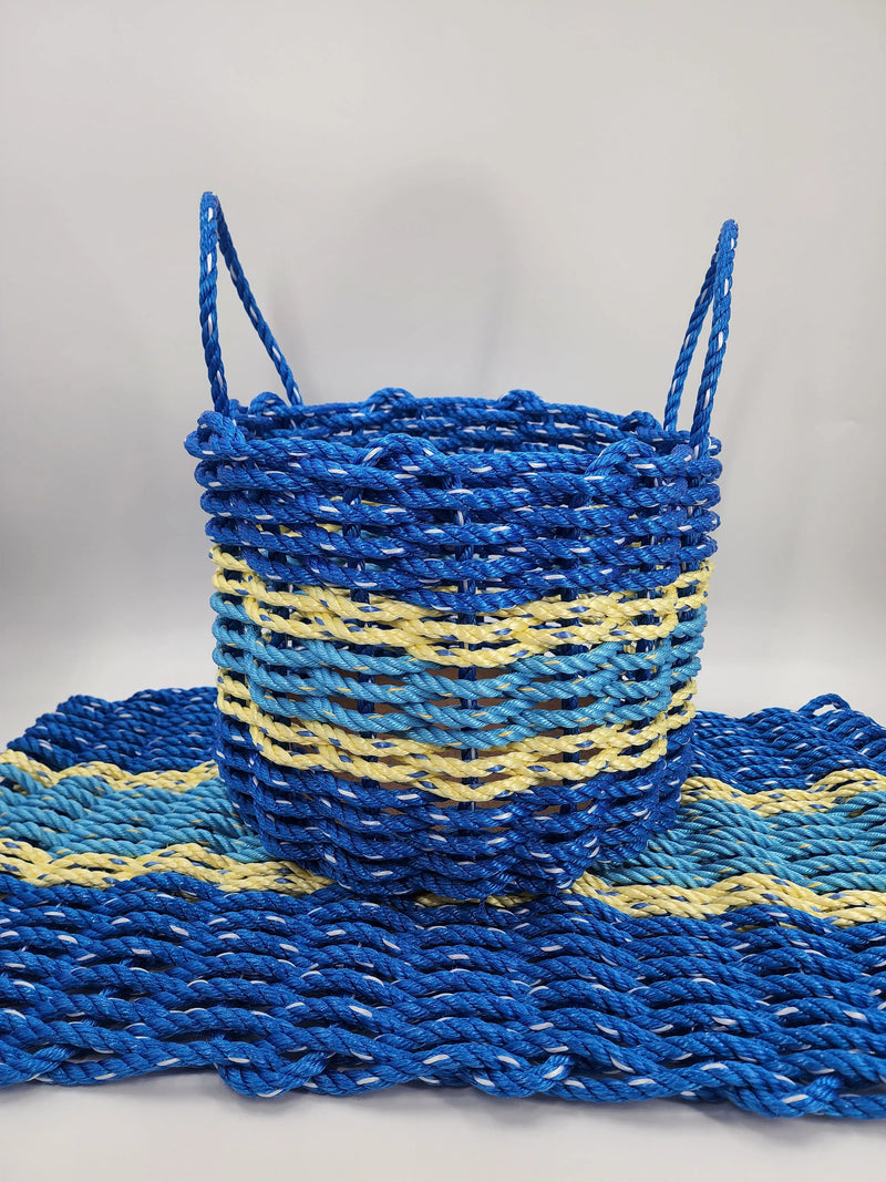 Lobster Rope Mat and Basket matching set Two tone blue with yellow accents Little Salty Rope