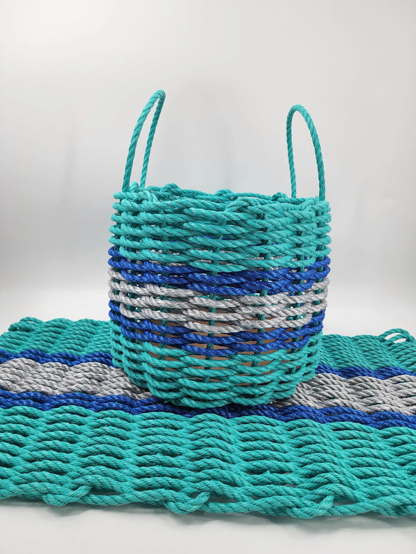 Lobster Rope Mat and Basket matching set Teal and Light Gray with Blue accents Little Salty Rope