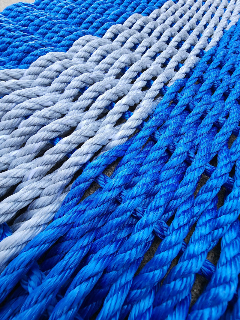 Rope Mat made with Lobster Rope, Blue and Light Gray Little Salty Rope