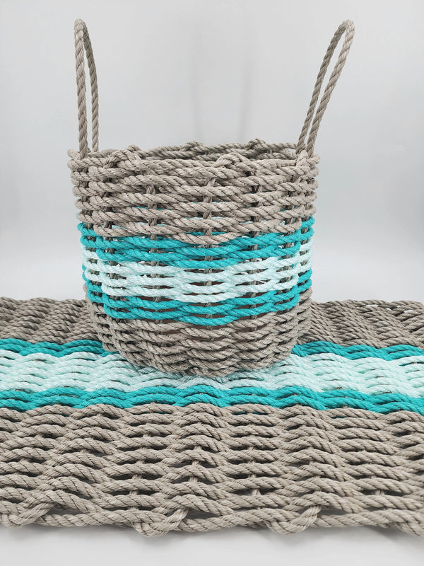 Lobster Rope Mat and Basket matching set TAN and SEAFOAM with Teal Accents