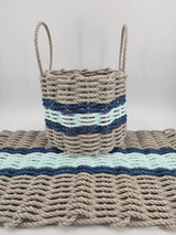 Lobster Rope Mat and Basket matching set TAN and SEAFOAM with Navy Blue Accents