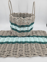 Lobster Rope Mat and Basket matching set TAN and SEAFOAM with Hunter Green Accents