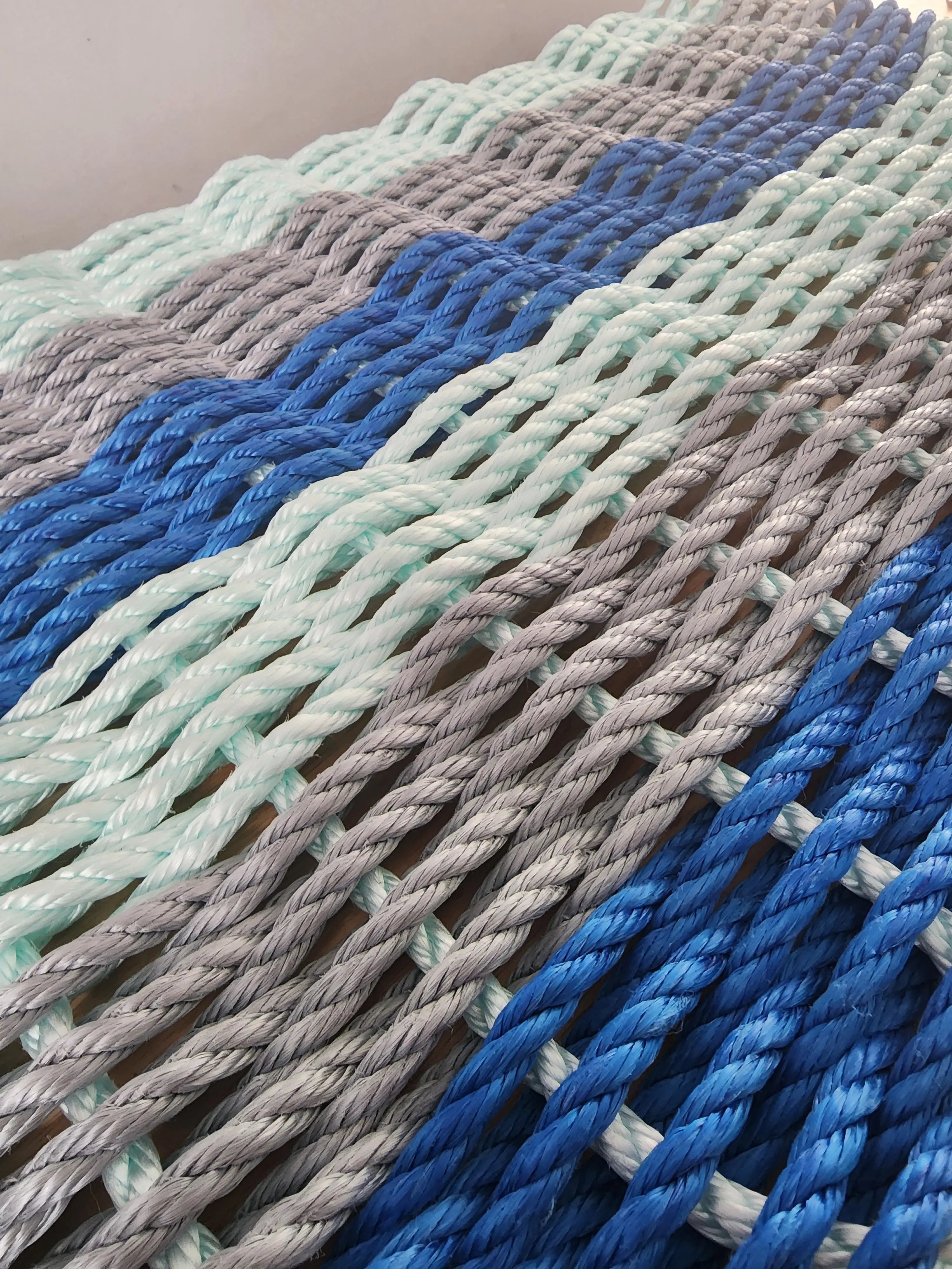 Six Stripe Rope Mat made with Lobster Rope Blue Gray and Seafoam ...