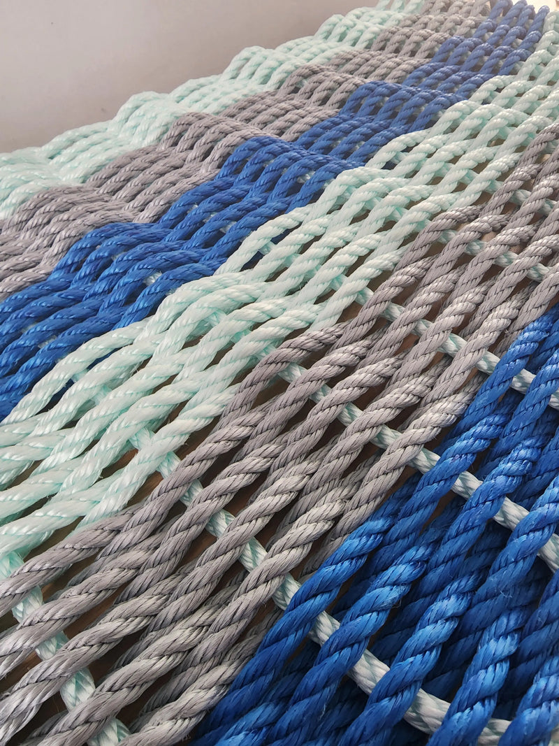 Six Stripe Rope Mat made with Lobster Rope Blue Gray and Seafoam Little Salty Rope