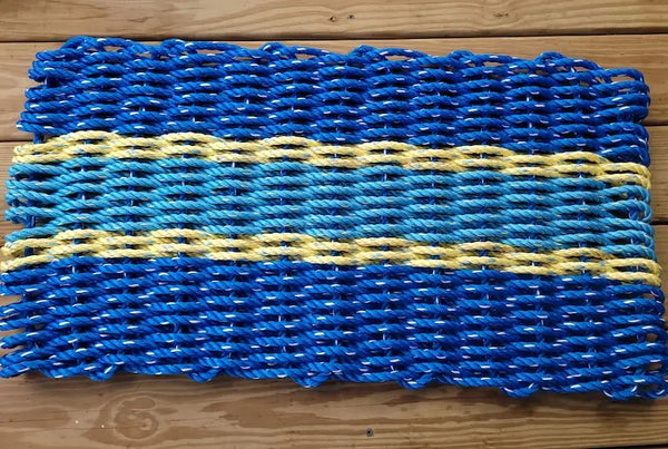 Rope Mat made with Lobster Rope, Two Tone Blue, Yellow accent Little Salty Rope