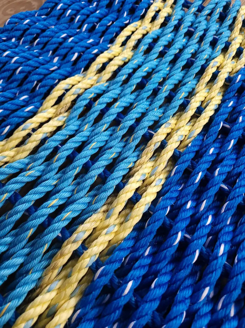 Rope Mat made with Lobster Rope, Two Tone Blue, Yellow accent Little Salty Rope